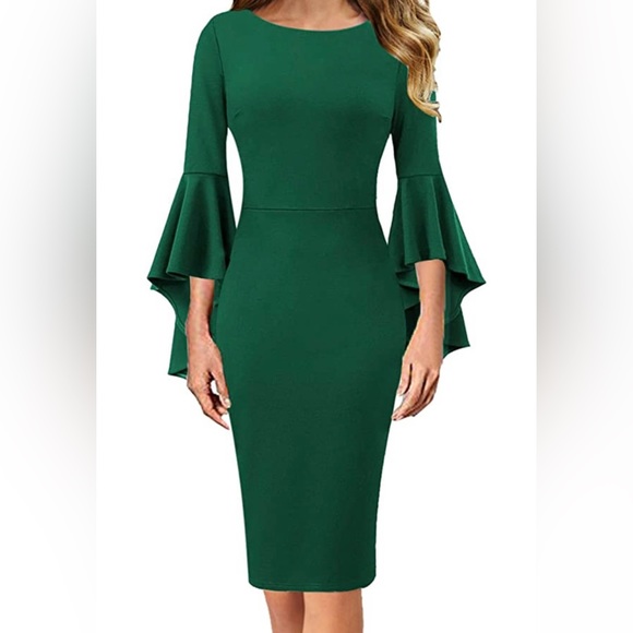 VFSHOW ruffle bell sleeve bodycon green dress size S small - Picture 1 of 6
